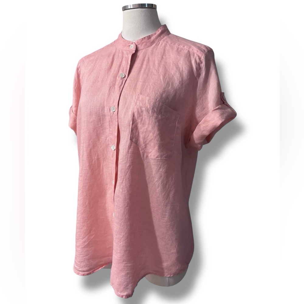 J. JILL Pink Linen Short Sleeve Roll Tab Button Front Shirt with Band Collar
